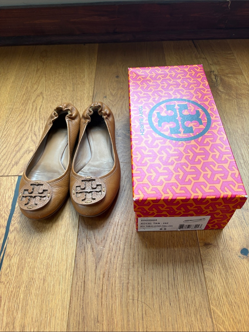 Tory Burch Reva Tan Leather Logo Ballet Flats